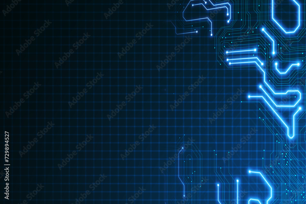Aufkleber Creative digital blue circuit grid background with mock up place. Landing page concept. Technology, innovation and ai concept. 3D Rendering.