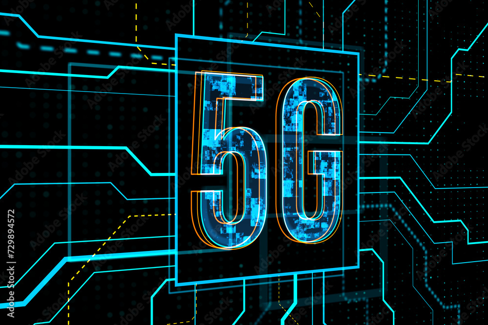 Poster 5G network representation on a digital grid. Global communication concept. 3D Rendering