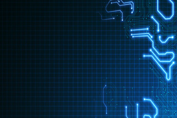 Creative digital blue circuit grid background with mock up place. Landing page concept. Technology, innovation and ai concept. 3D Rendering.