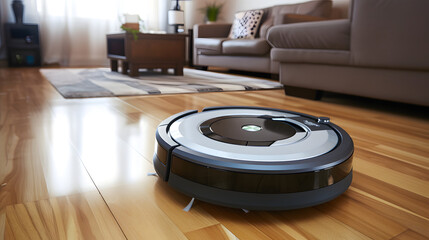 close up of a robotic vacuum glides seamlessly across a polished hardwood floor