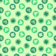 Saint Patrick's day seamless pattern with Shamrock clover leaves and Leprechaun Pot. Vector illustration