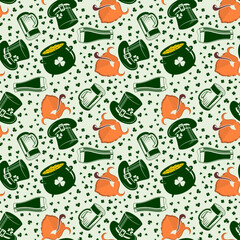 Saint Patrick's day background, seamless pattern with Shamrock leaves, Beer Glass, Pot of golden coins and Leprechaun