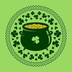 Leprechaun Pot of golden coins in Celtic Style Round frame. St. Patrick's Day label, badge or emblem. Vector illustration	