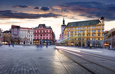 Freedom Square, the main square of Brno in Moravia, Czech Republic at twilight