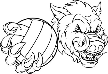 A boar razorback hog volleyball animal sports mascot holding a volley ball in his claw