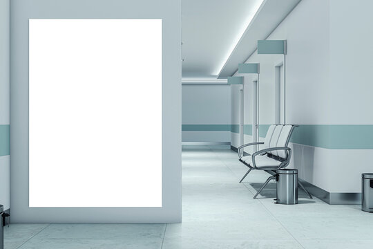 Modern white corridor interior with empty white mock up banner, seats and doors. Hospital or office concept. 3D Rendering.
