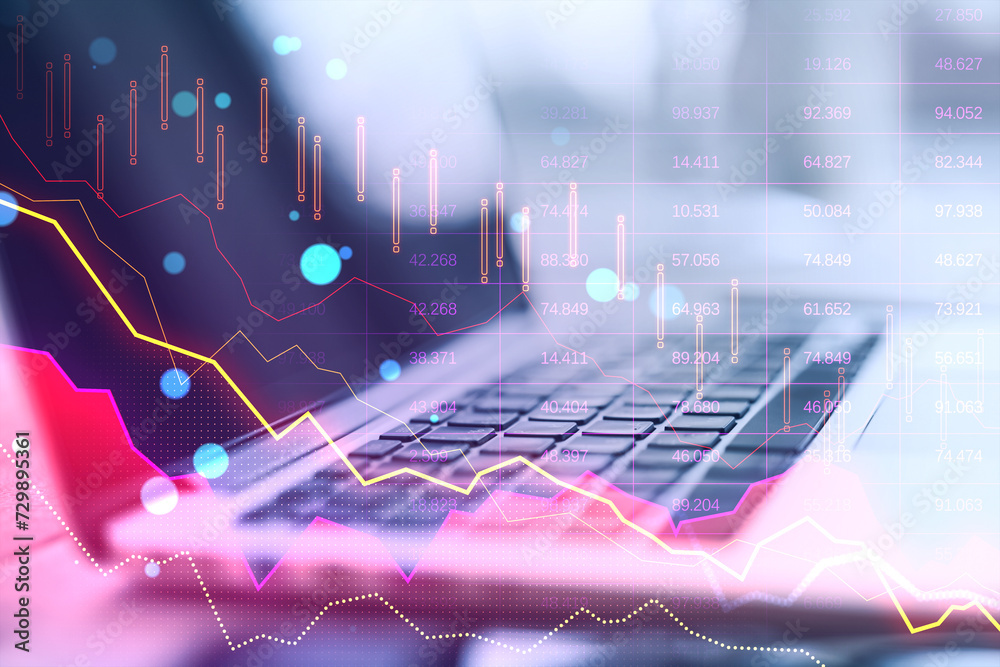 Poster close up of laptop computer on desk with pink crisis business and forex chart on blurry background w
