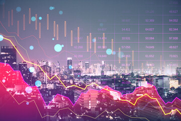 Abstract pink crisis business and forex chart on blurry toned city background with bokeh circles. Downward trend and financial downfall concept. Double exposure.