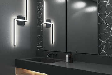 Contemporary black bathroom interior with washbasin and mirrors. 3D Rendering.