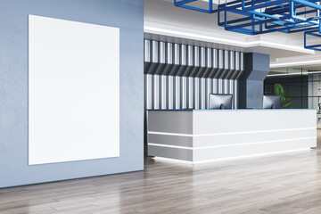 Fototapeta na wymiar Modern glass office interior with reception desk, empty white mock up banner, wooden flooring and creative blue ceiling. Lobby and waiting area concept. 3D Rendering.