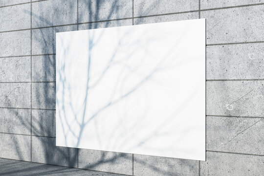 Creative outdoor tile wall with tree shadow and white mock up billboard. Urban design concept. 3D Rendering.