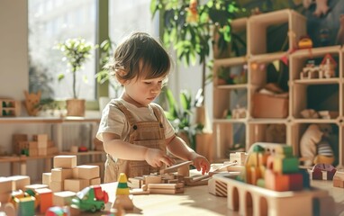 Toddler portrait. A kid playing with wooden toys in a daycare centre. Kindergarten banner with a toddler. Morning routine in nursery institution. Quality childhood concept. AI Generative.
