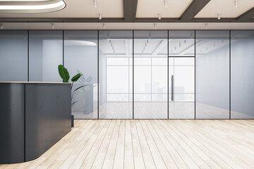 Contemporary wooden and concrete office lobby interior with glass partitions. 3D Rendering.