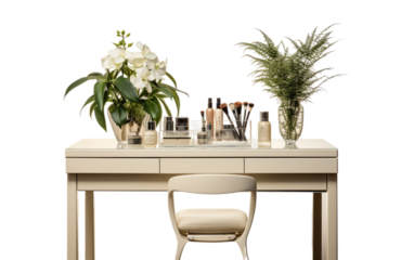 vanity table with a side plant on a White or Clear Surface PNG Transparent Background.