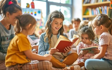 Obraz premium Happy sunny daycare poster. Story time in a kindergarten, boys and girls sitting on the floor and reading books with their nanny teacher. Morning circle. Happy childhood poster. AI Generative.