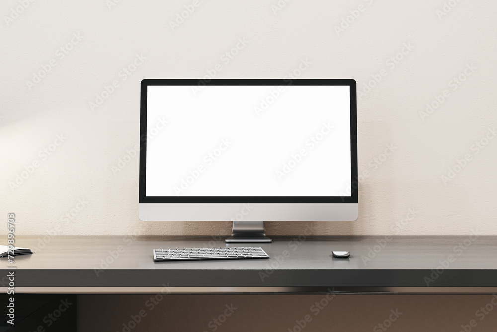 Poster close up of contemporary designer office interior with empty white computer monitor and other items.