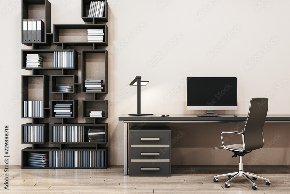 Poster close up of clean designer office interior with creative wooden bookcase, empty computer monitor and