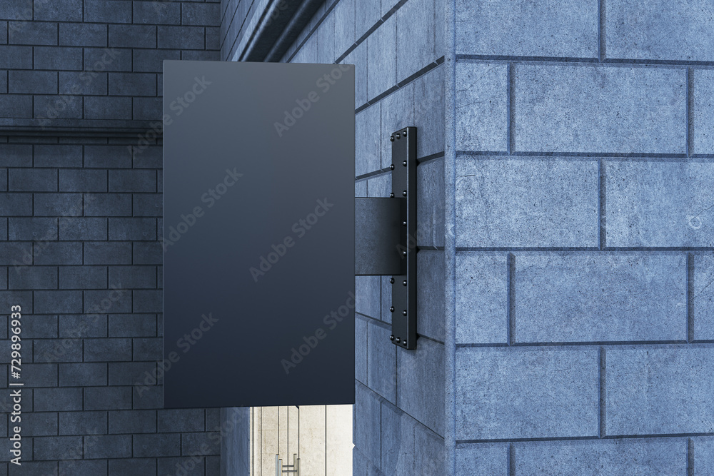 Poster Empty black mock up banner on gray outdoor tile wall background with shadows. Advertisement and pub concept. 3D Rendering.