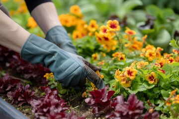 gardener wearing gloves planting a bed of citrine and garnet