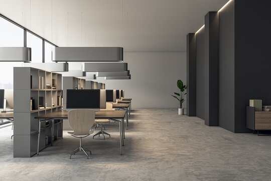 Clean concrete and wooden coworking office interior with bookcase partitions and panoramic windows with city view. 3D Rendering.