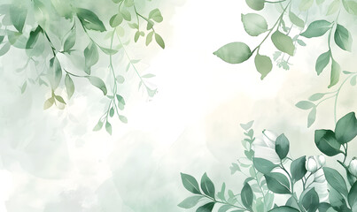 Green leaves snd flower watercolor background invitation template