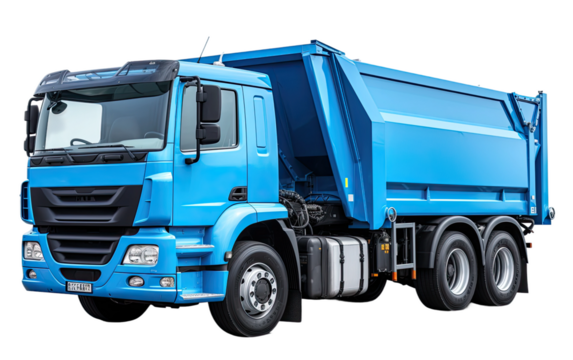 Blue Waste Collection Truck on a White or Clear Surface PNG Transparent Background.
