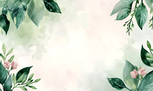 Green leaves snd flower watercolor background invitation template