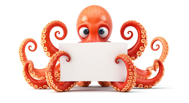 une pieuvre qui tient un panneau blanc vierge avec ses tentacules - fond blanc