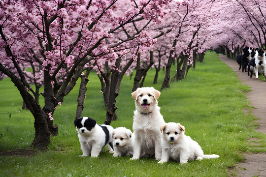 Cherry blossom trees and puppies in Japan, Generative AI