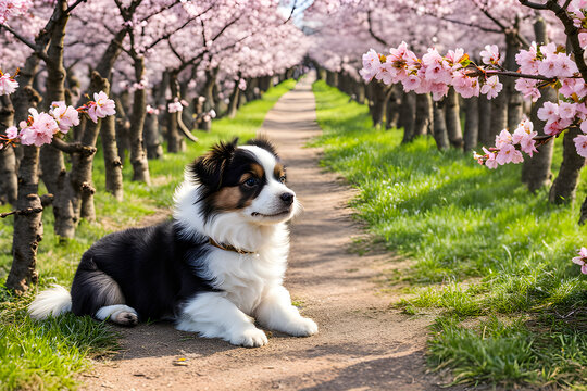 Cherry blossom trees and puppies in Japan, Generative AI