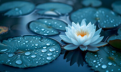 A White Lotus Amid Leaves With Dew Drops