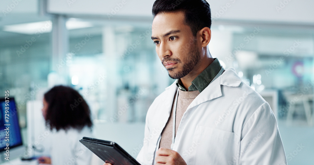 Poster man, thinking or scientist with tablet in laboratory or online research of genetics in healthcare. a