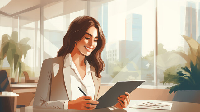 Young happy business woman working with tablet in office
