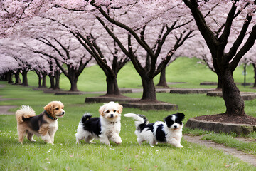 Naklejka na ściany i meble Cherry blossom trees and puppies in Japan, Generative AI