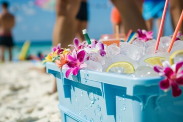 icefilled cooler with drinks at a beach bash
