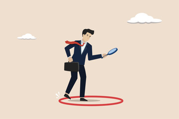 Business boundary, limitation that prevent progress work, prohibited activity that limit business or career growth concept, frustrated businessman standing uncomfortably in small red circle.