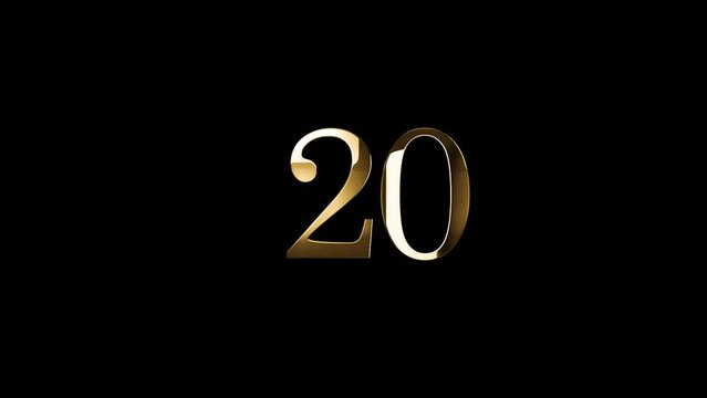 Golden number 20 with gold particles, alpha channel, golden numerology, golden number twenty