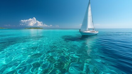 A peaceful sailboat excursion on crystal-clear waters, with distant islands on the horizon.