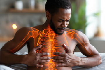 Chest injury, rib fracture, joint inflammation, thorax disease, African black man suffers from pain at home, human skeleton, intervertebral spine hernia - 729899549