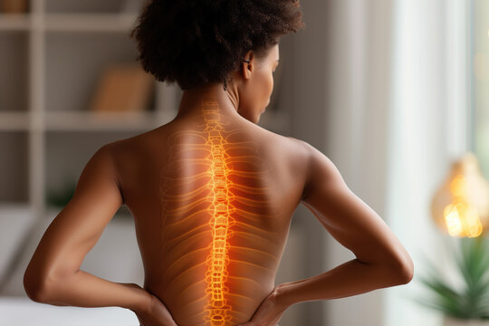 Neck and lumbar pain, intervertebral spine hernia, African black woman with back pain at home, spinal disc disease, painful area highlighted in red