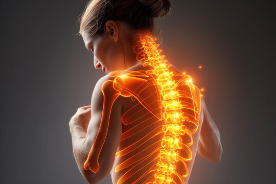 Neck and lumbar pain, intervertebral spine hernia, woman with back pain on a gray background, spinal disc disease, painful area highlighted in red