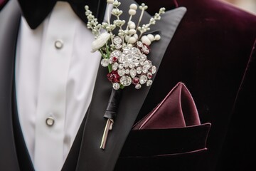 crystalembellished boutonniere on a velvet tuxedo at a gala event - obrazy, fototapety, plakaty