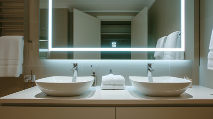 Fototapeta na wymiar Intelligent bathroom mirror with built in high tech smart features