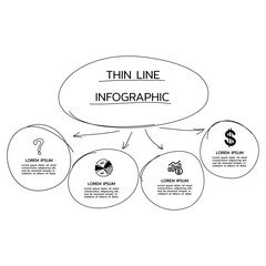 Hand drawn thin line infographic design with circles and financial icons for Business process steps with options.