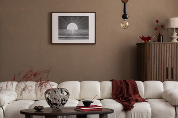 Creative compositions of living room interior with boucle sofa, wooden commode, coffee table,...