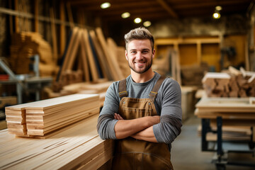 Portrait of a handsome young carpenter working in the workshop