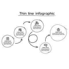 Hand drawn thin line infographic design with circles and financial icons for Business process steps with options.