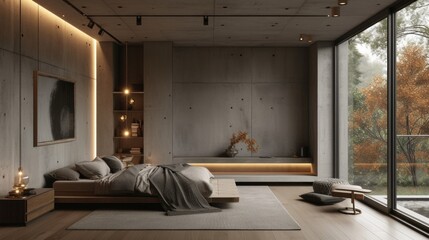 A minimalist bedroom with a low-profile bed, concrete walls, and industrial lighting.