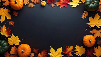 Naklejka na ściany i meble Back-to-School Fall Vibes: Pumpkins and Autumn Leaves on Dark Background