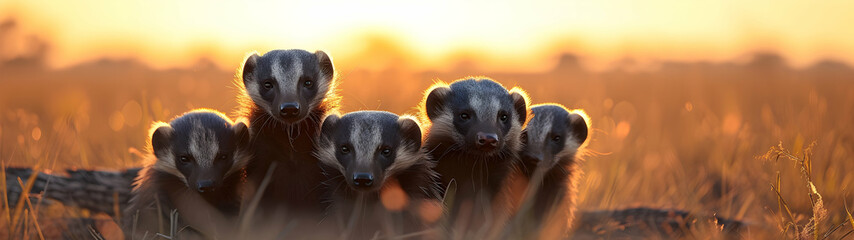 Honey badgers in the savanna in the evening with setting sun shining. Group of wild animals in...